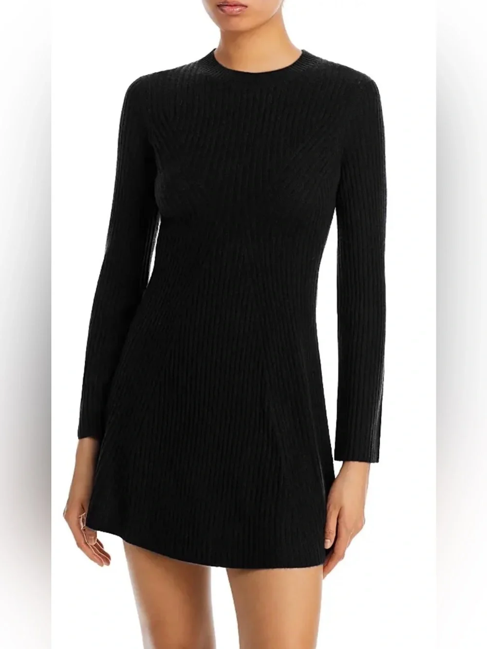 Aqua 100% Cashmere Contour Ribbed Mini Dress Long-Sleeve- Black